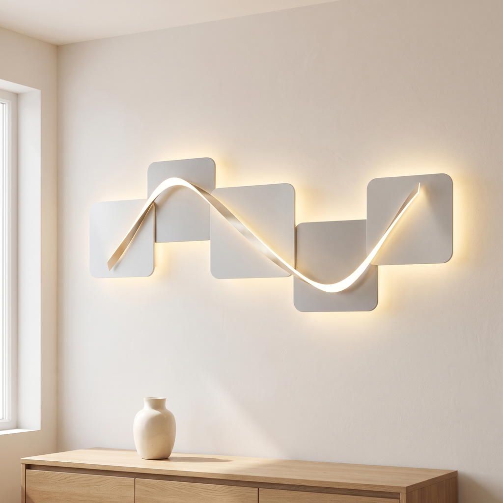 Geometric wall art with LED backlight, style A silver panels, above a console