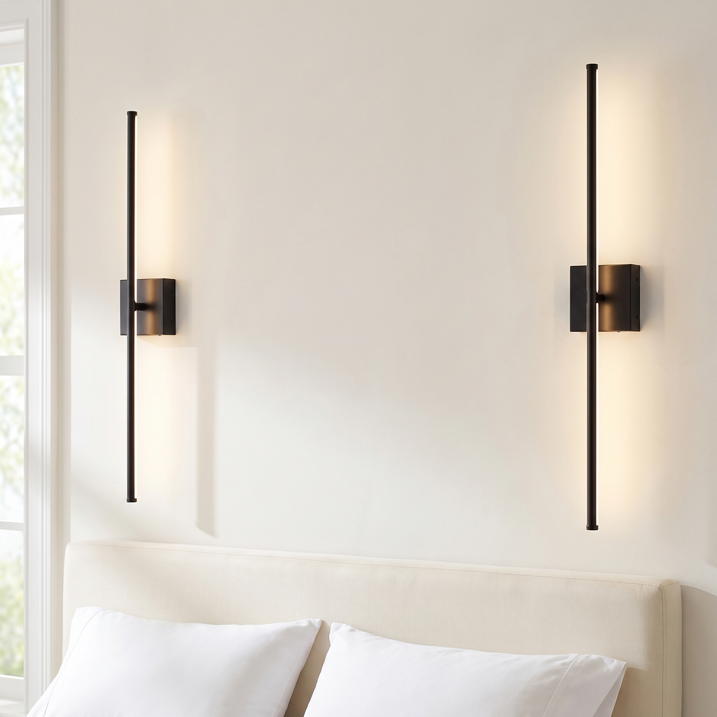 Battery operated wall sconces set of 2, linear LED, black, either side of a bed