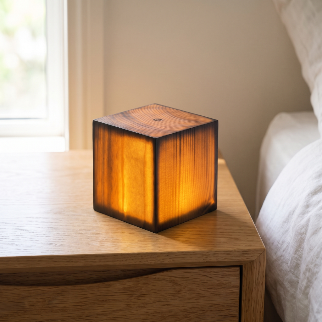 Wooden lamp, cordless wood table lamp, cube, pine, on a nightstand
