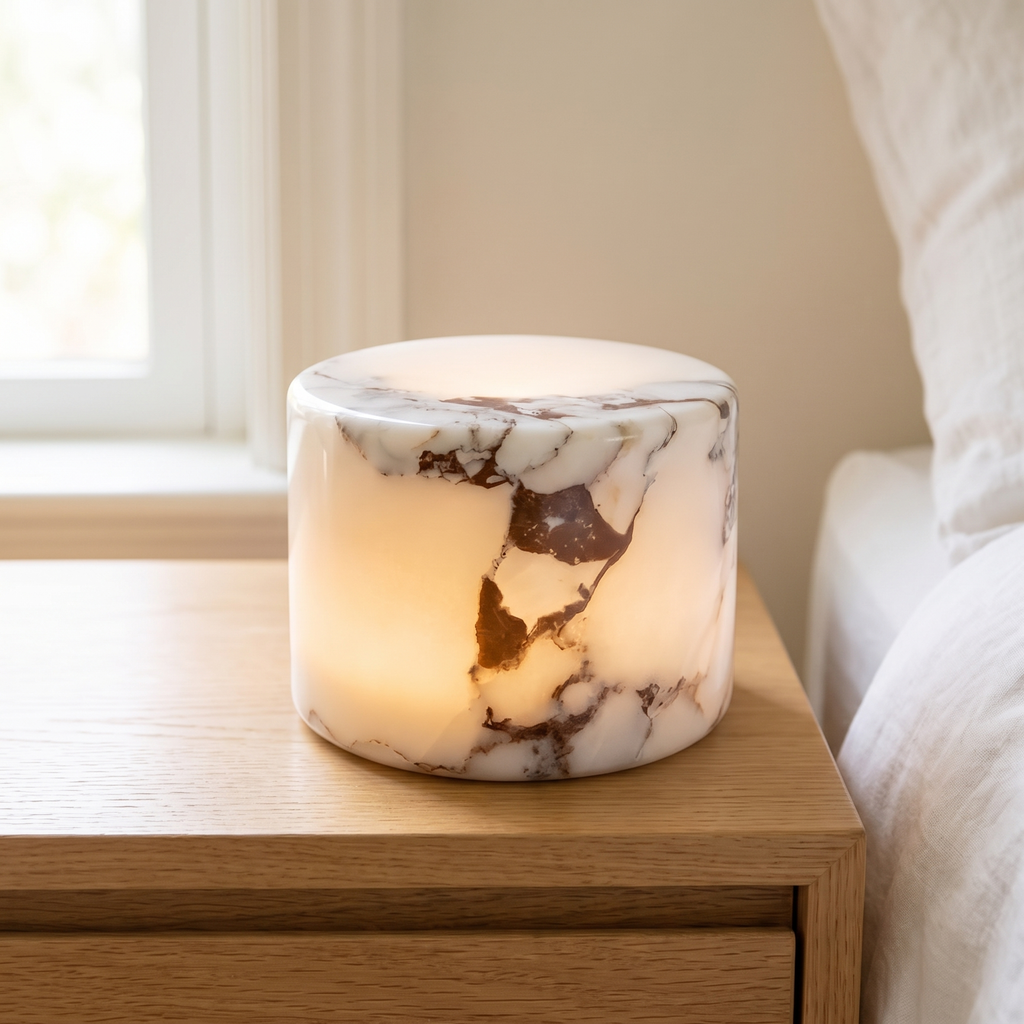 Marble table lamp, honey marble, cordless rechargeable stone lamp on a nightstand