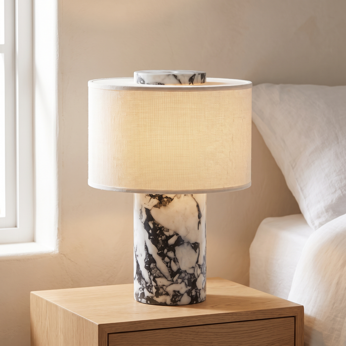 Travertine Table Lamp, Cordless Stone Lamp with Fabric Shade