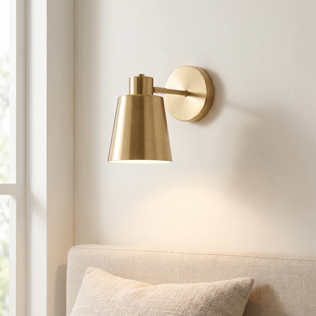 Cordless gold cone wall sconce, rechargeable with remote, beside a bed