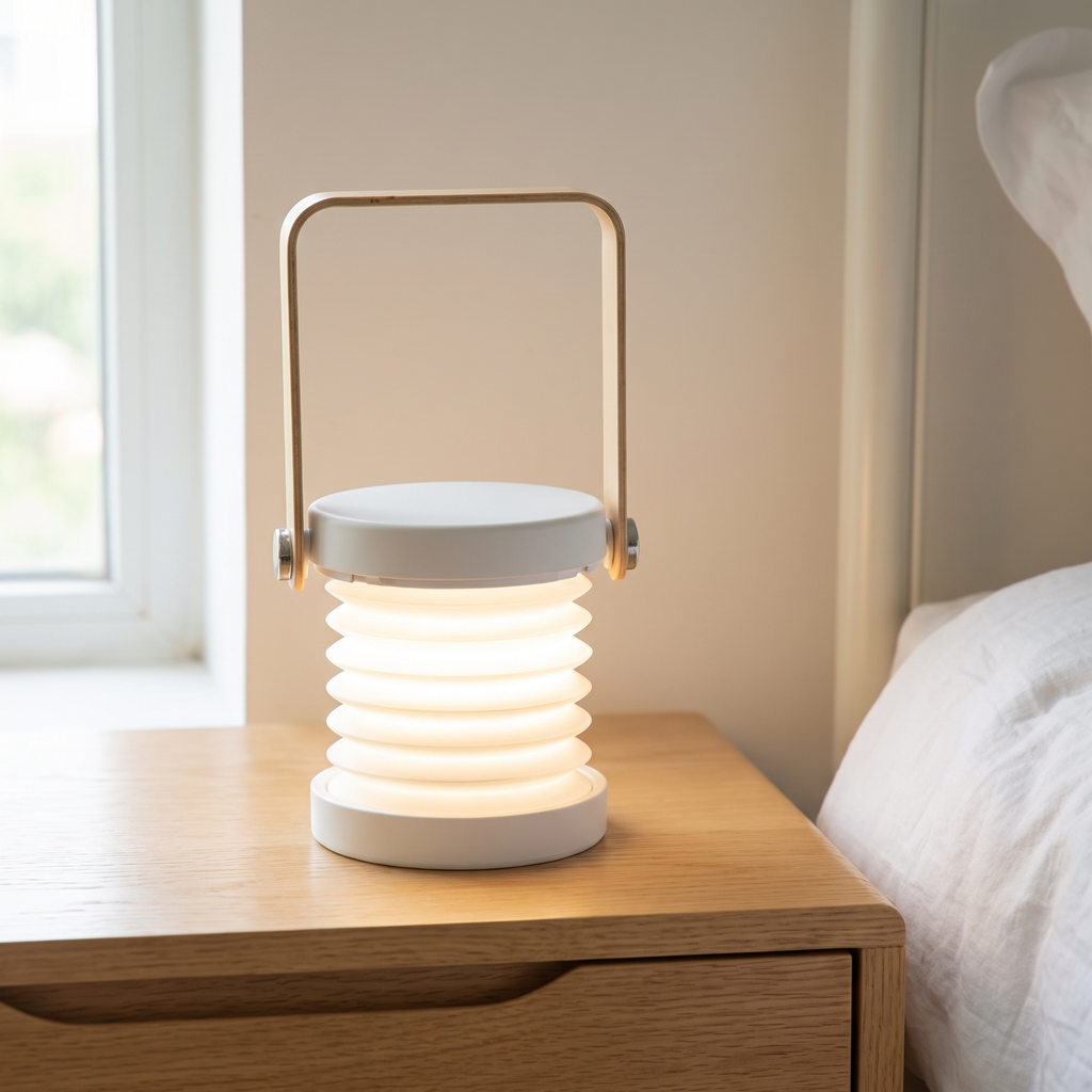 Battery operated lantern lamp, foldable night light, white, wood handle, on a nightstand