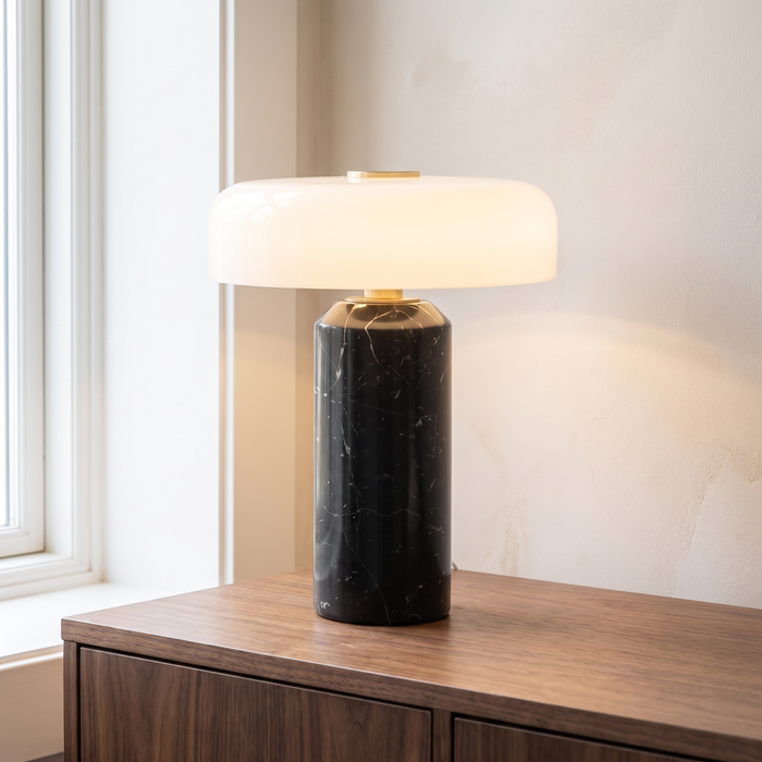 Mushroom Lamp, Cordless Opaline Glass Lamp with Marble Base