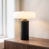 Mushroom lamp, cordless opaline glass lamp, black marble base, on a console