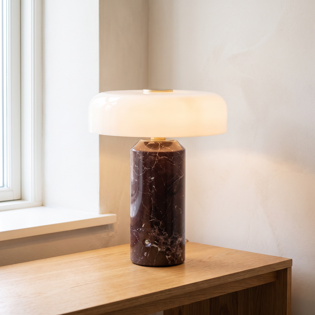 Mushroom lamp, cordless opaline glass lamp, dark red marble base, on a console