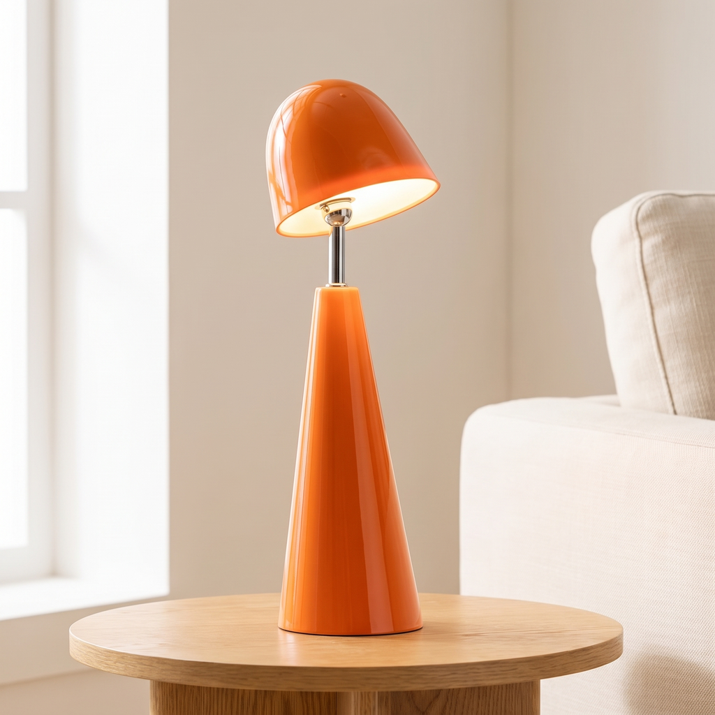 Cordless table lamp, rechargeable cone lamp, orange, on a side table