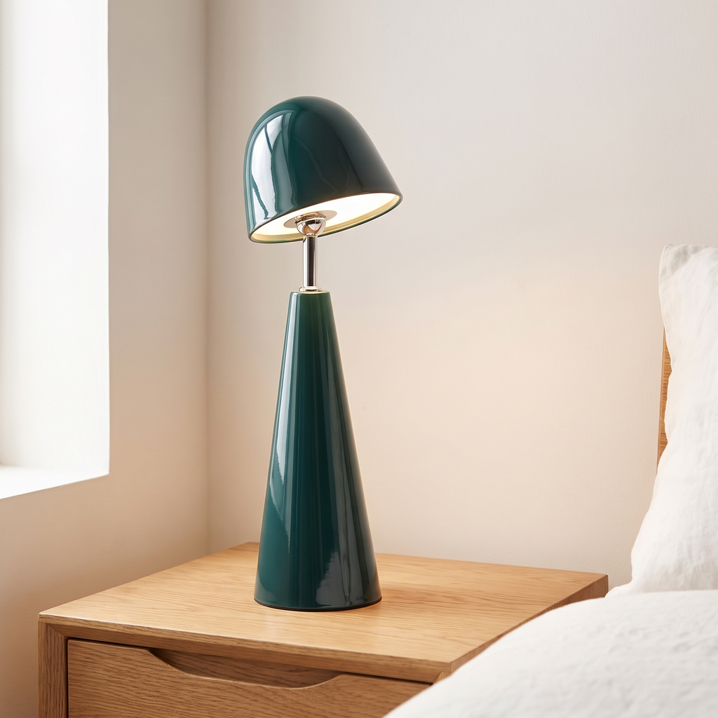 Cordless table lamp, rechargeable cone lamp, green, on a nightstand
