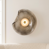 Glass plug in wall sconce, smoke gray art glass, living room