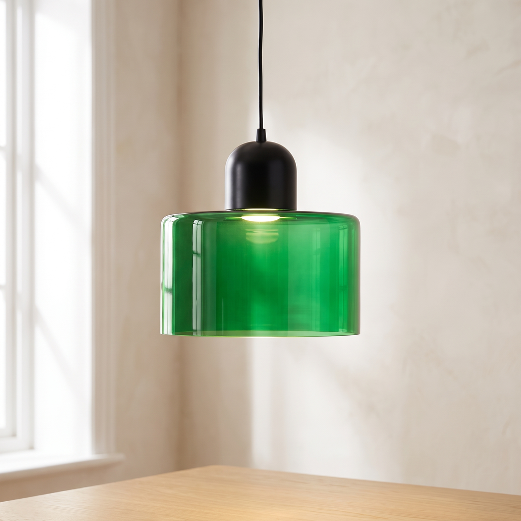 Bauhaus plug in pendant light, bright green glass, over a dining table