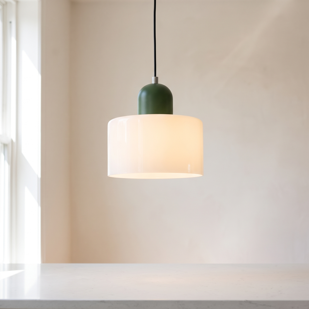 Bauhaus plug in pendant light, white glass, over a kitchen counter