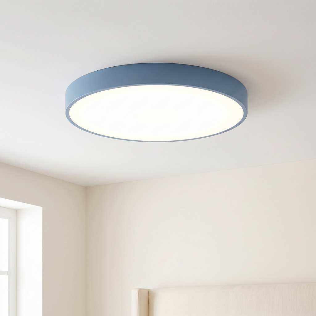 Modern flush mount ceiling light, round LED, blue rim