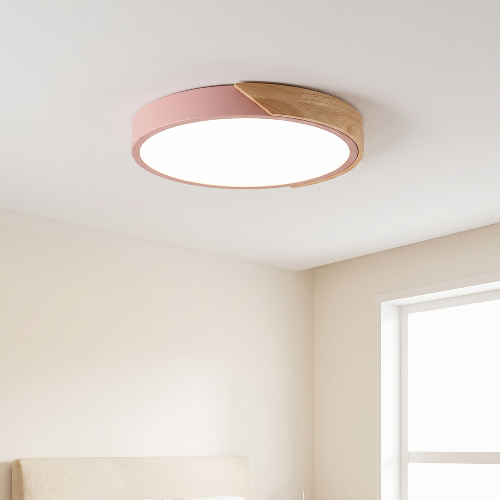 Modern flush mount ceiling light, round LED, pink rim, wood accent