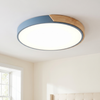 Modern flush mount ceiling light, round LED, blue rim, wood accent