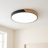 Modern flush mount ceiling light, round LED, black rim, wood accent