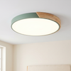 Modern flush mount ceiling light, round LED, green rim, wood accent