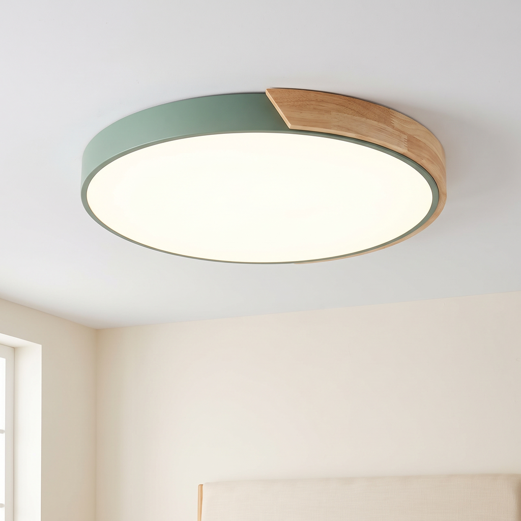 Modern flush mount ceiling light, round LED, green rim, wood accent