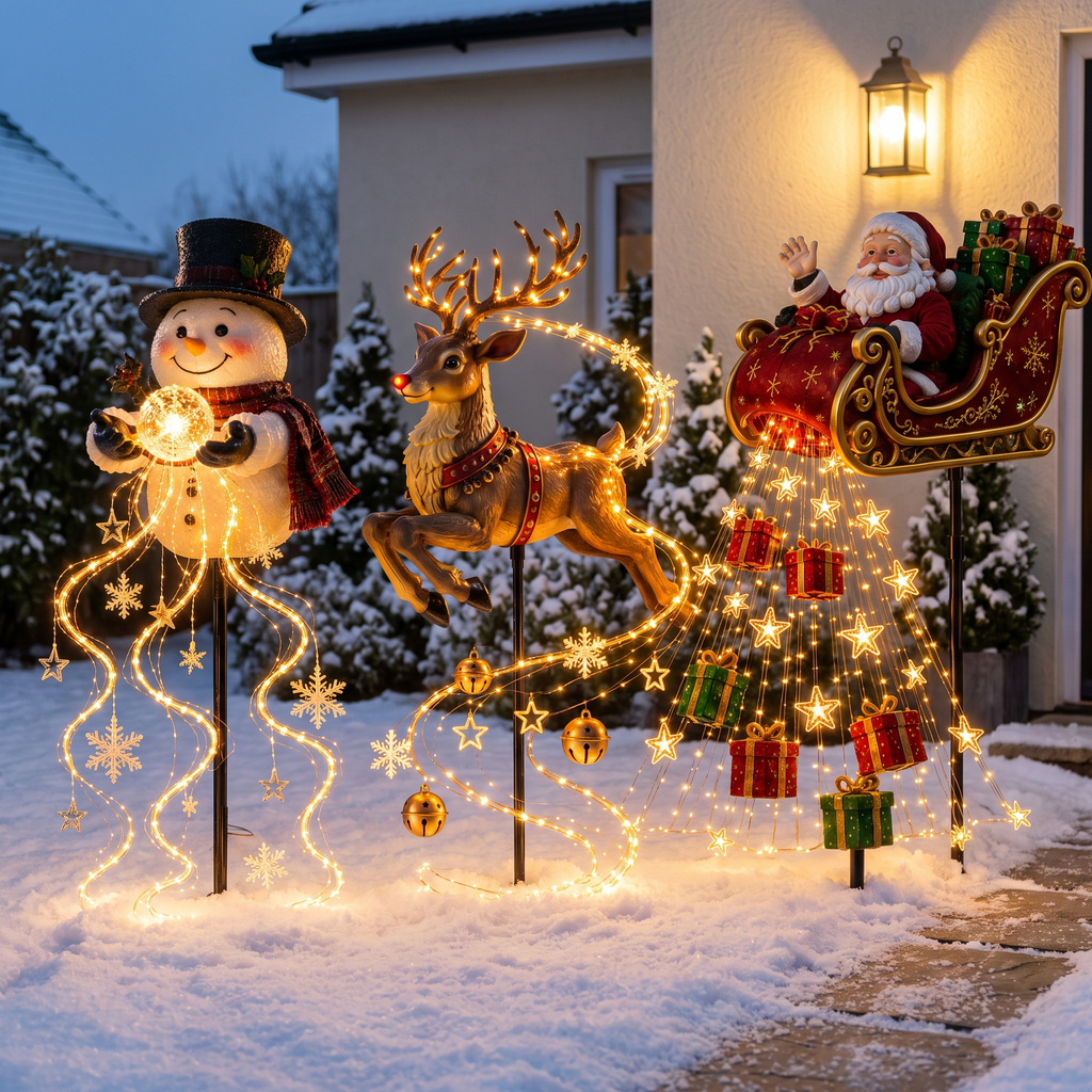 Solar Christmas garden stake lights, set of 3, Christmas home decor