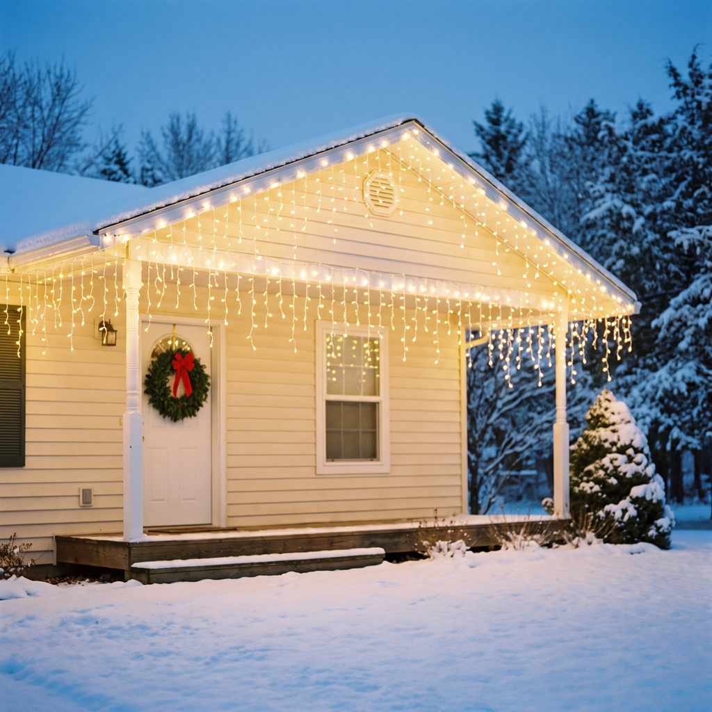 Warm white outdoor curtain lights on a roofline, Christmas home decor