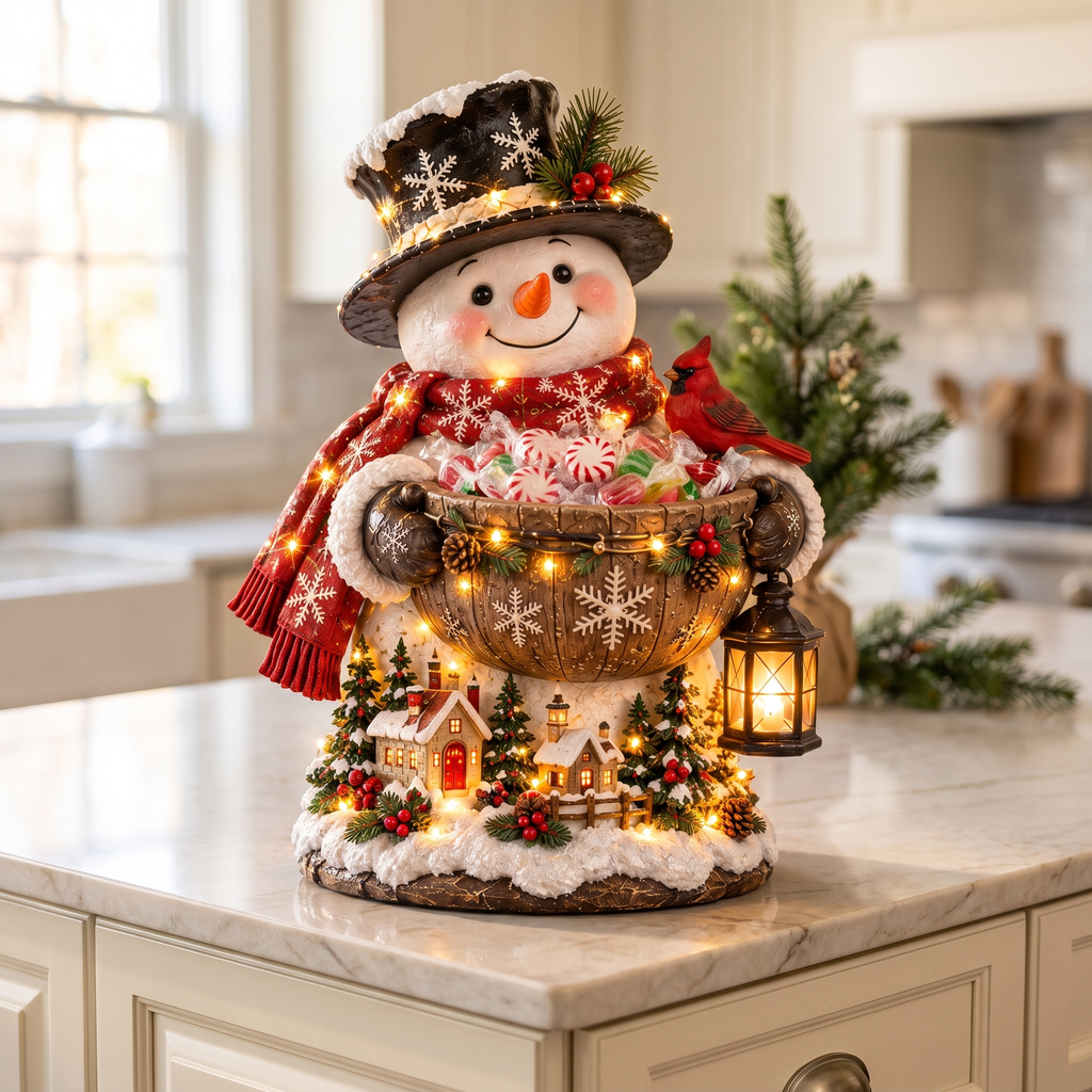 Lighted Christmas candy bowl, Snowman, Christmas home decor