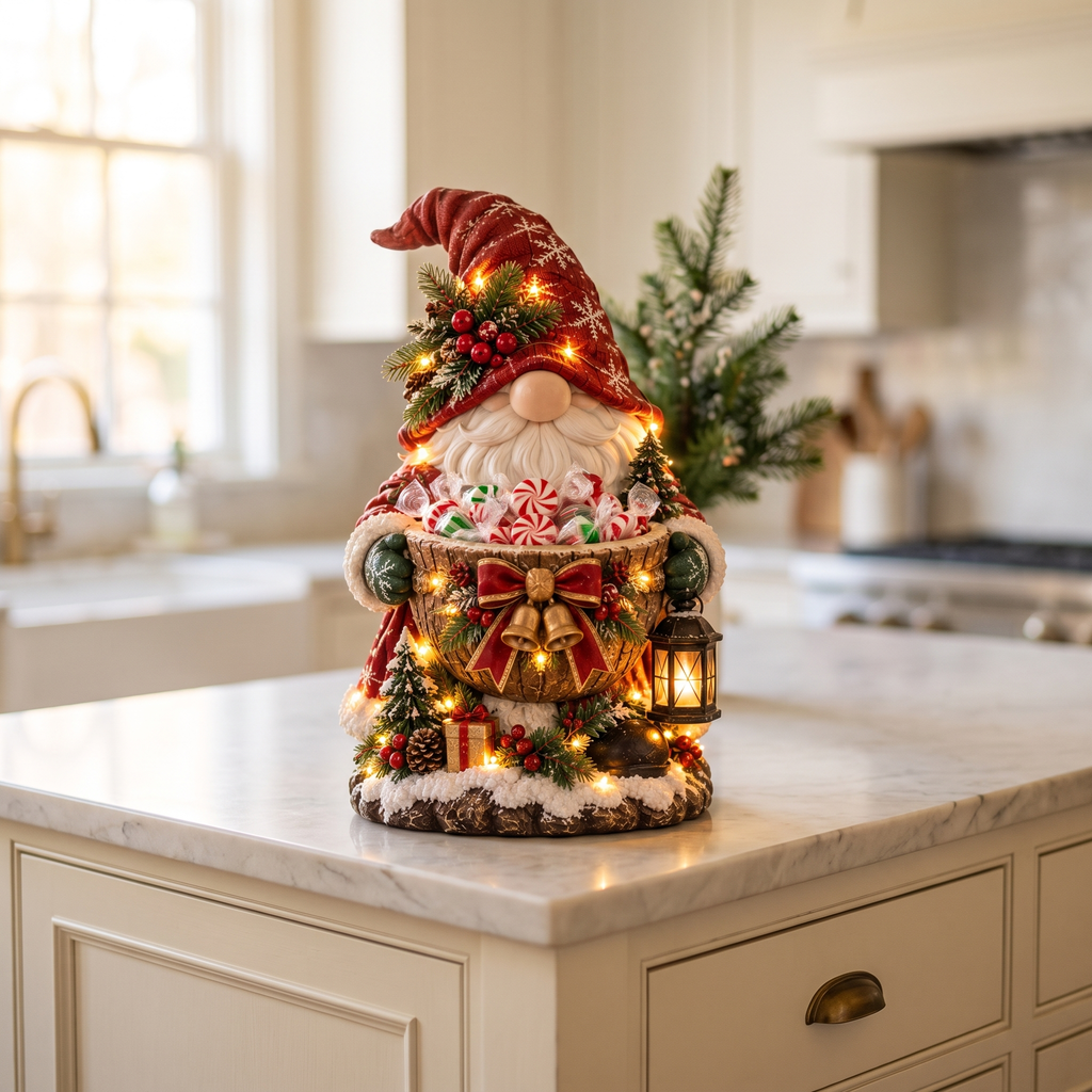 Lighted Christmas candy bowl, Christmas Gnome, Christmas home decor