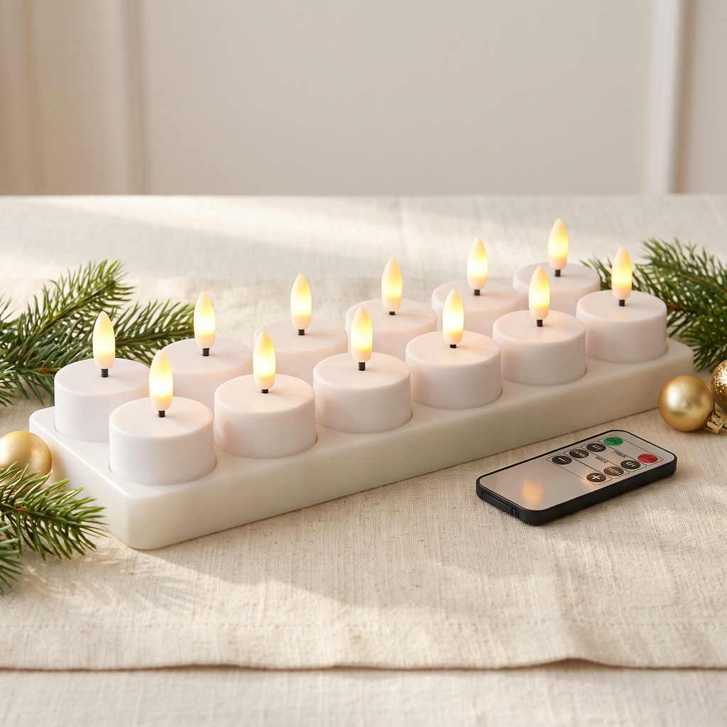 Rechargeable tea lights with remote, set of 12, Christmas home decor