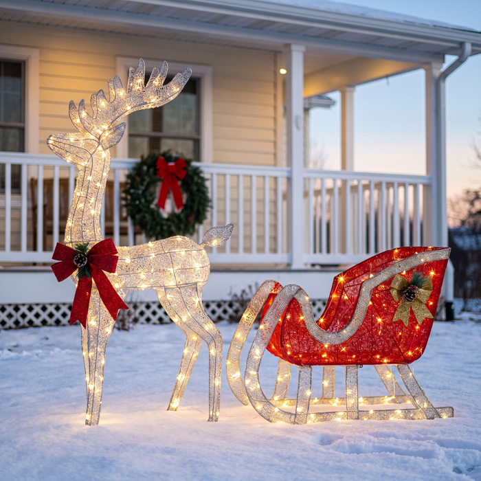 Lighted Reindeer and Sleigh, 4 ft Outdoor Christmas Decoration