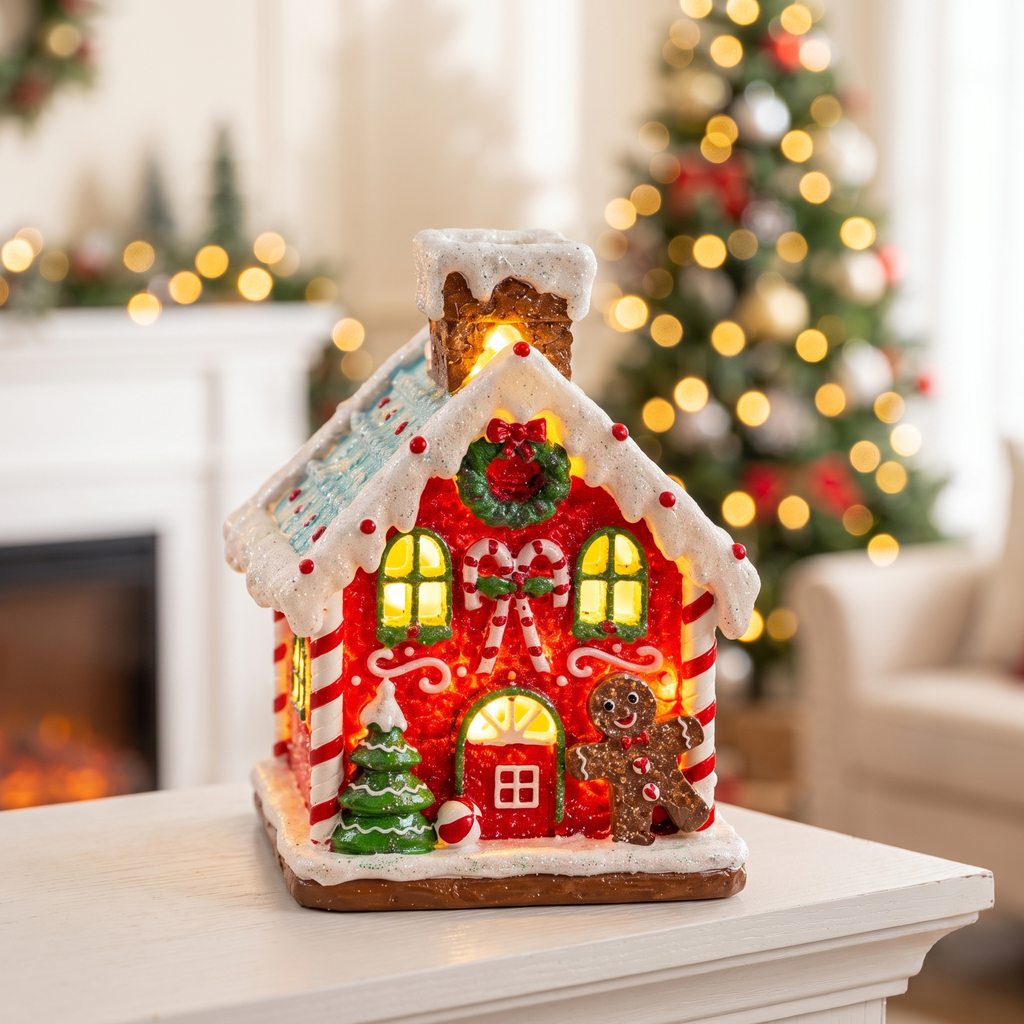 Animated Christmas Village with Music, Light Up Village Scene - Gingerbread House
