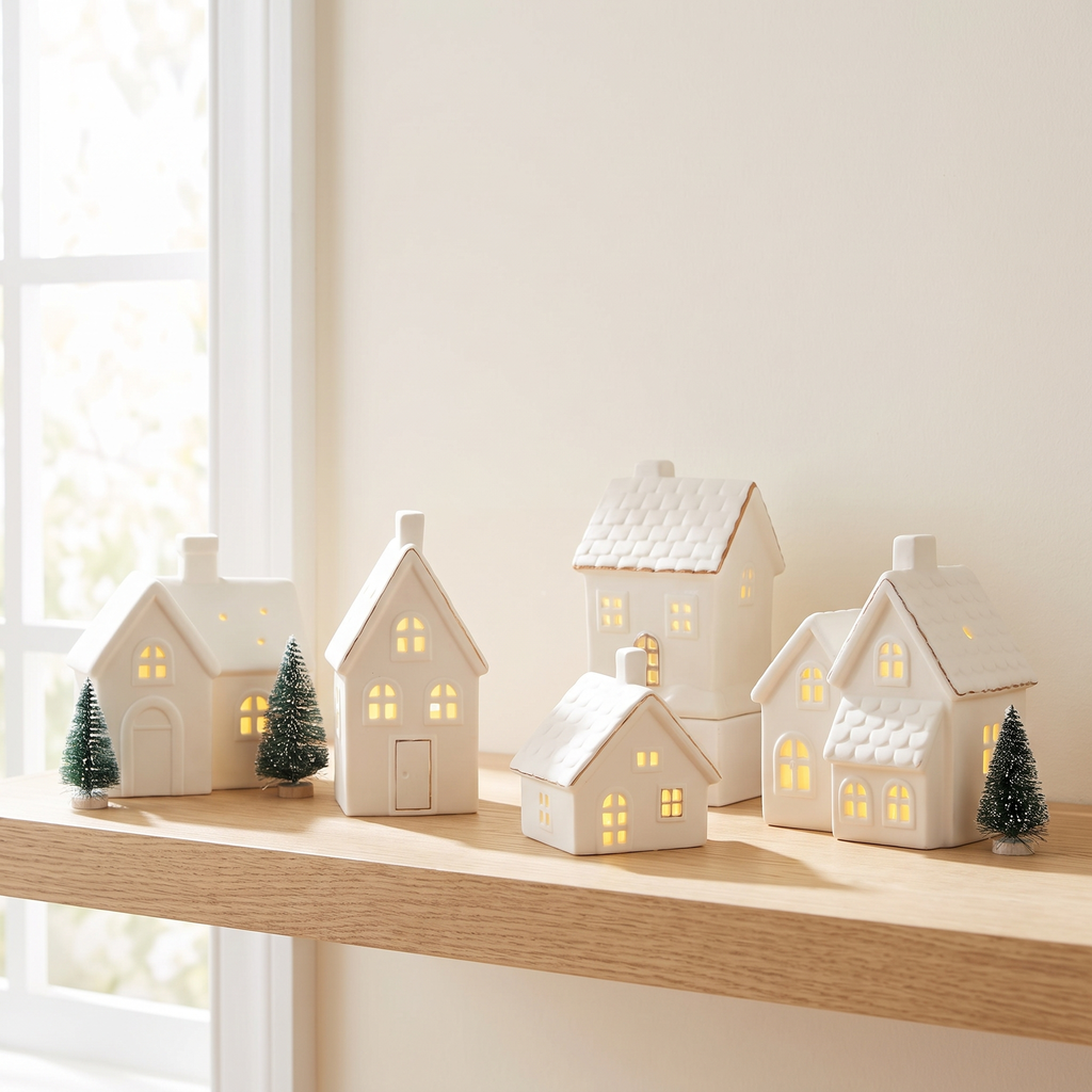Ceramic Christmas Village Houses, White Light Up Village Set - 5-House Village