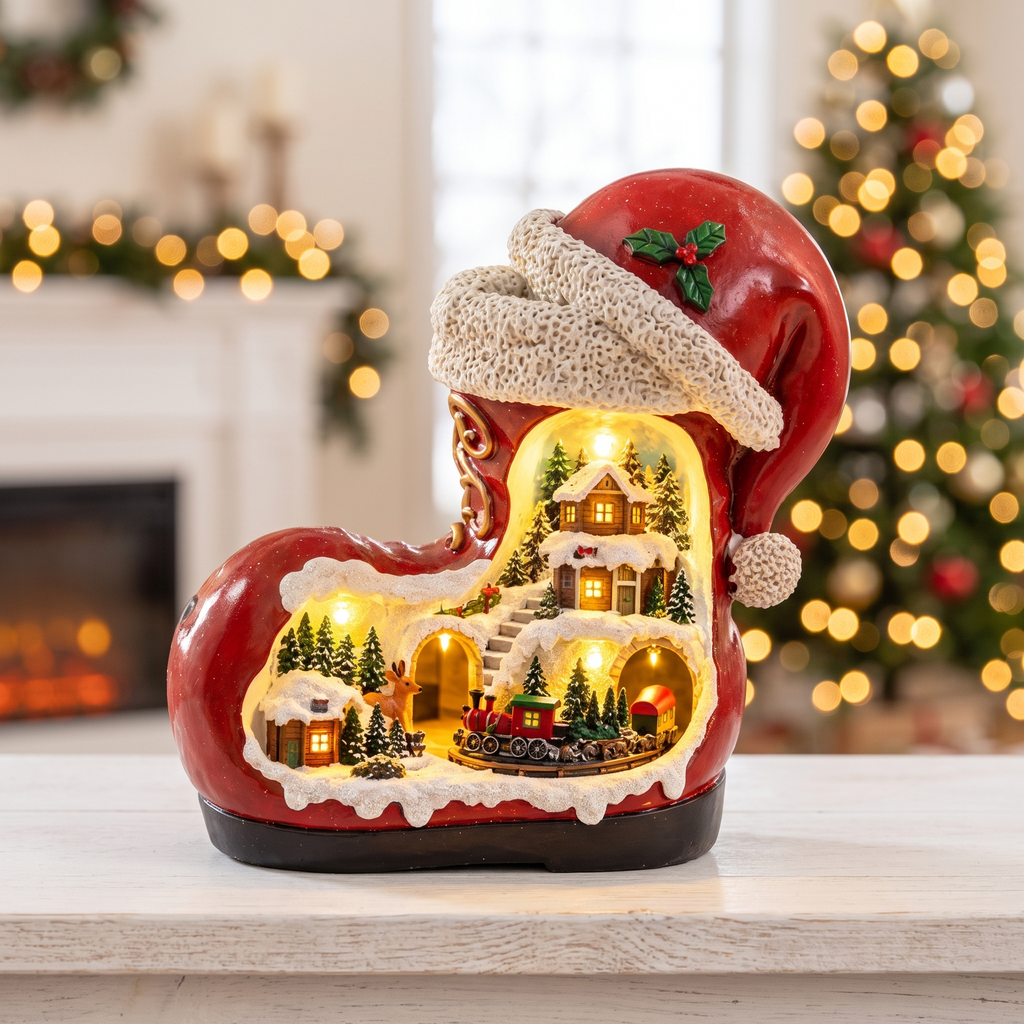 Animated Christmas Village with Music, Light Up Village Scene - Santa Boot