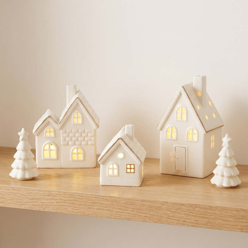 Ceramic Christmas Village Houses, White Light Up Village Set - 3-House Village