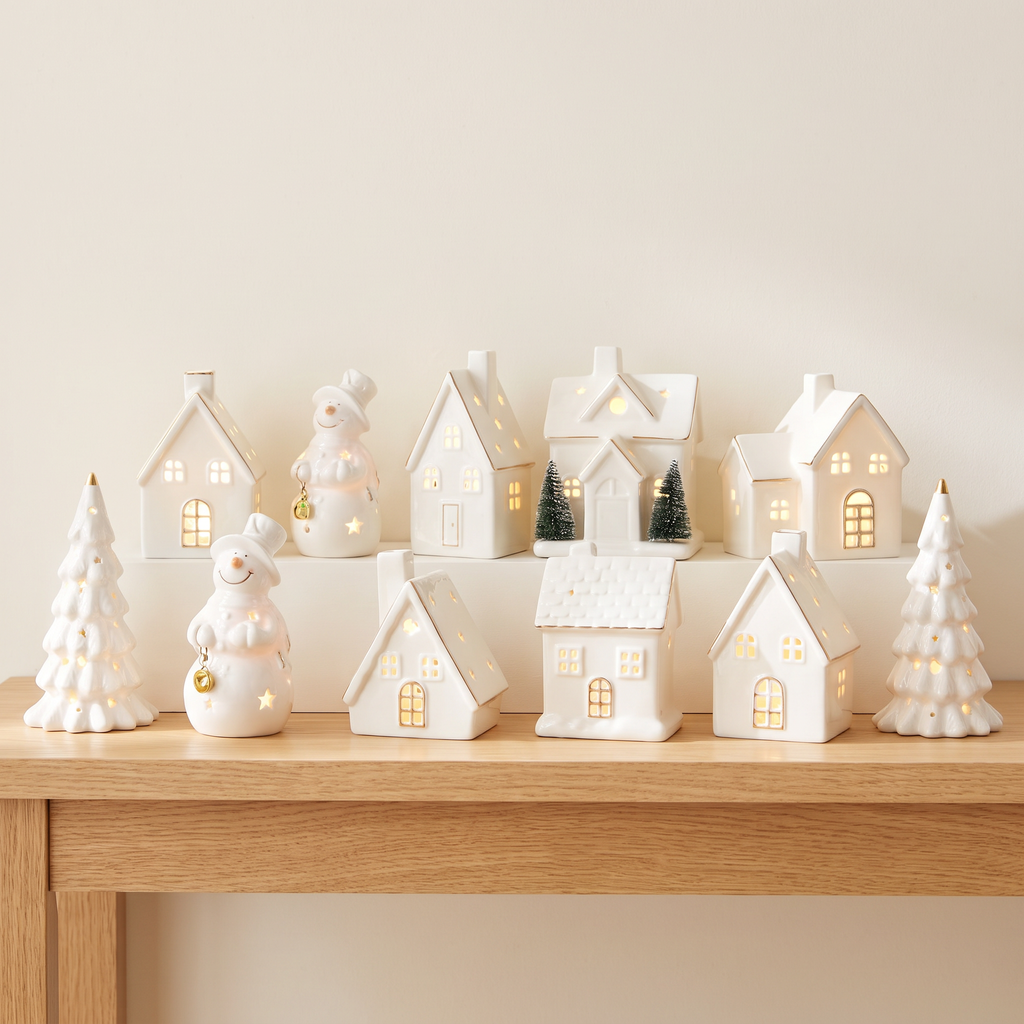 Ceramic Christmas Village Houses, White Light Up Village Set - Full 12-Piece Set
