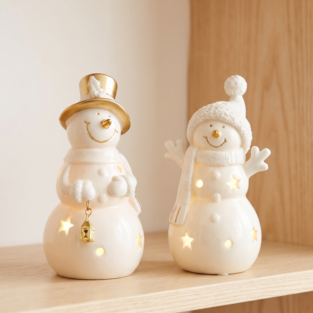 Ceramic Christmas Village Houses, White Light Up Village Set - Snowman Pair