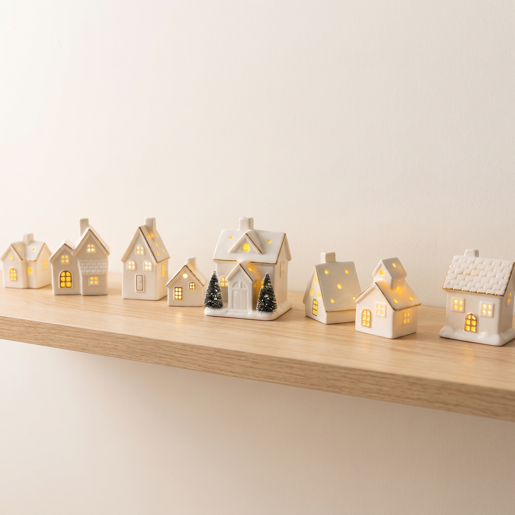 Ceramic Christmas Village Houses, White Light Up Village Set - 8-House Village