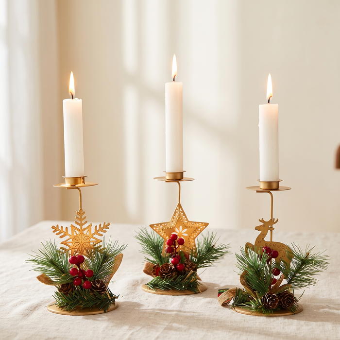 Christmas Taper Candle Holder, Gold Iron with Pine and Berries