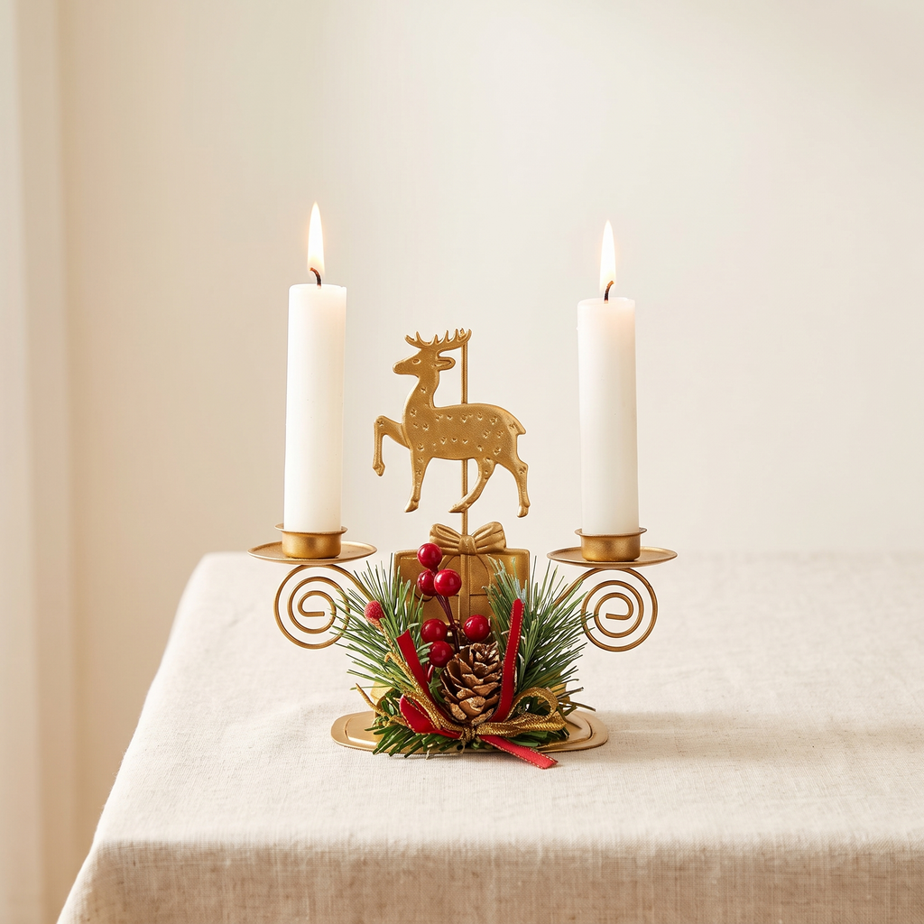 Christmas Taper Candle Holder, Gold Iron with Pine and Berries - Mix / Double