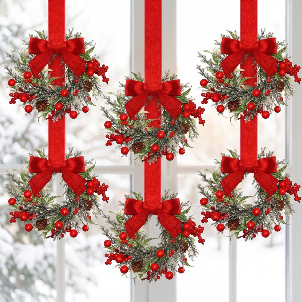 Christmas Window Wreaths with Red Bows and Pinecones, Set of 6