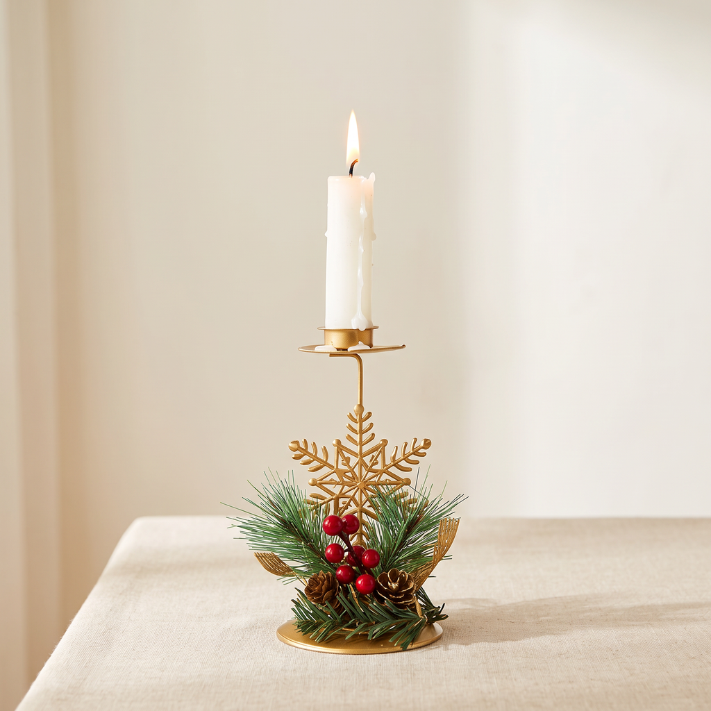 Christmas Taper Candle Holder, Gold Iron with Pine and Berries - Snowflake / Single