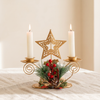Christmas Taper Candle Holder, Gold Iron with Pine and Berries - Star / Double