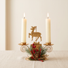 Christmas Taper Candle Holder, Gold Iron with Pine and Berries - Reindeer / Double