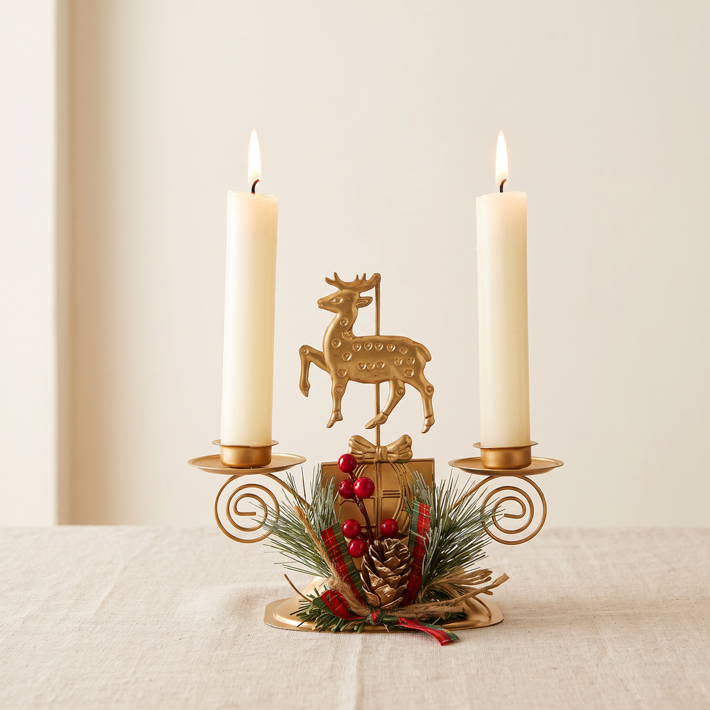Christmas Taper Candle Holder, Gold Iron with Pine and Berries - Reindeer / Double