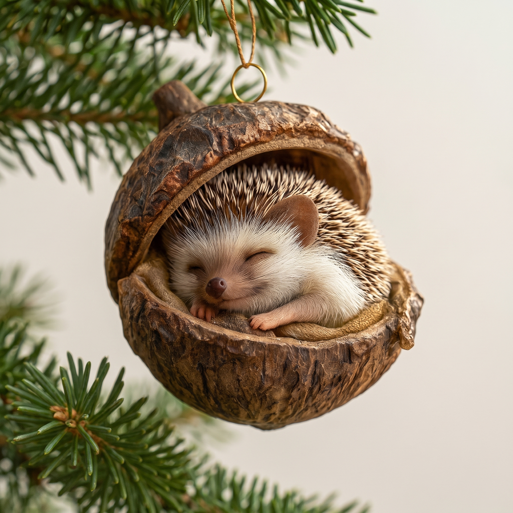 Woodland Christmas Ornament, Hand Painted Acorn Animal, 6 Styles - Hedgehog
