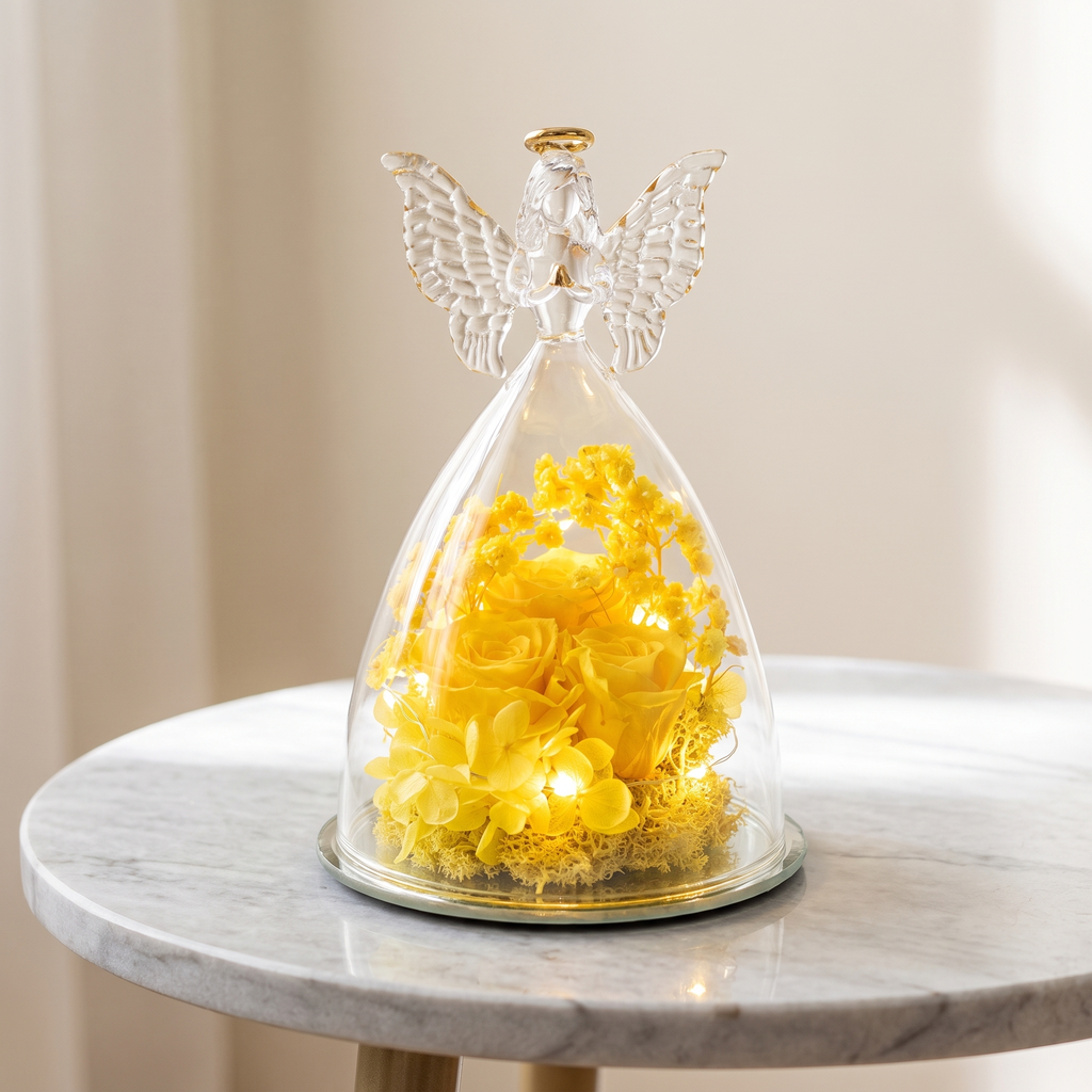 Preserved Rose in Glass Dome with Angel and LED Lights, 6 Colors - Yellow