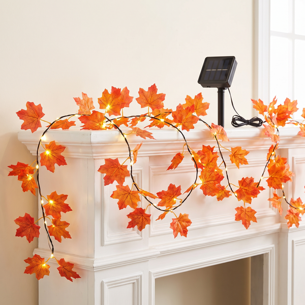 Fall Garland with Lights, Maple Leaf Garland, Solar or Battery - Solar