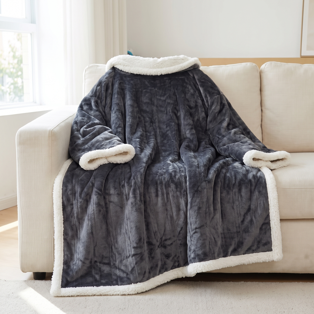Sherpa Heated Throw Blanket, Electric Throw with Sleeves, 6 Heat