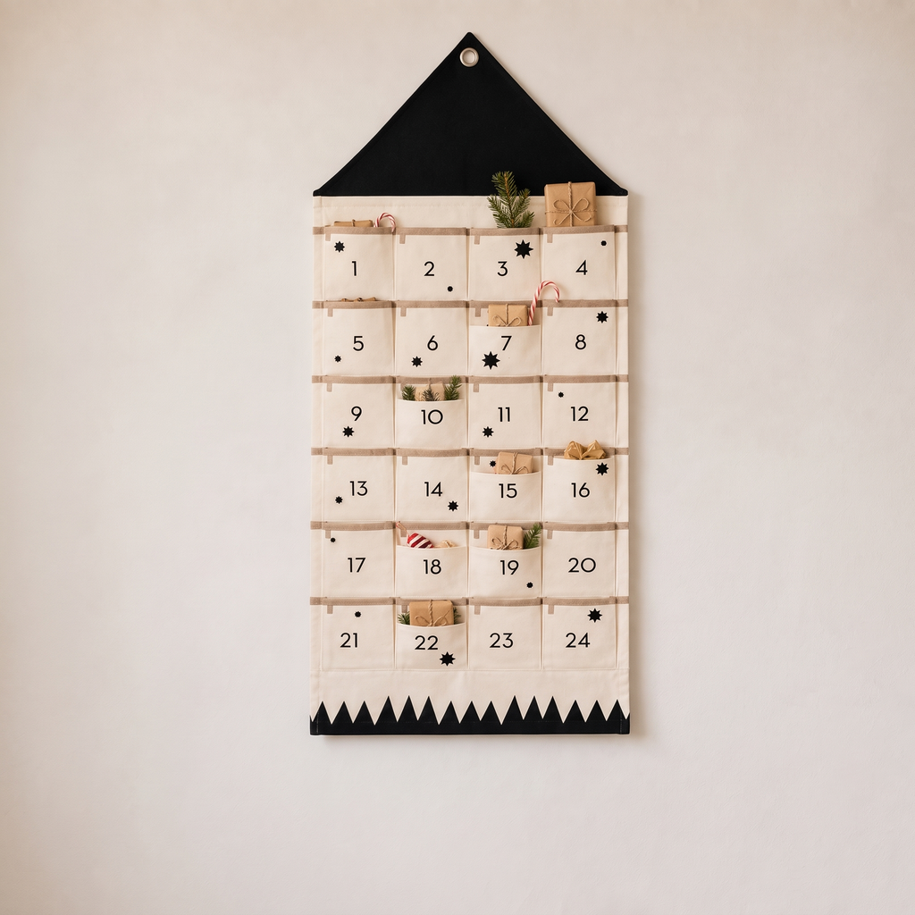 Fabric Advent Calendar with 24 Pockets, Reusable, Red or Black - Black