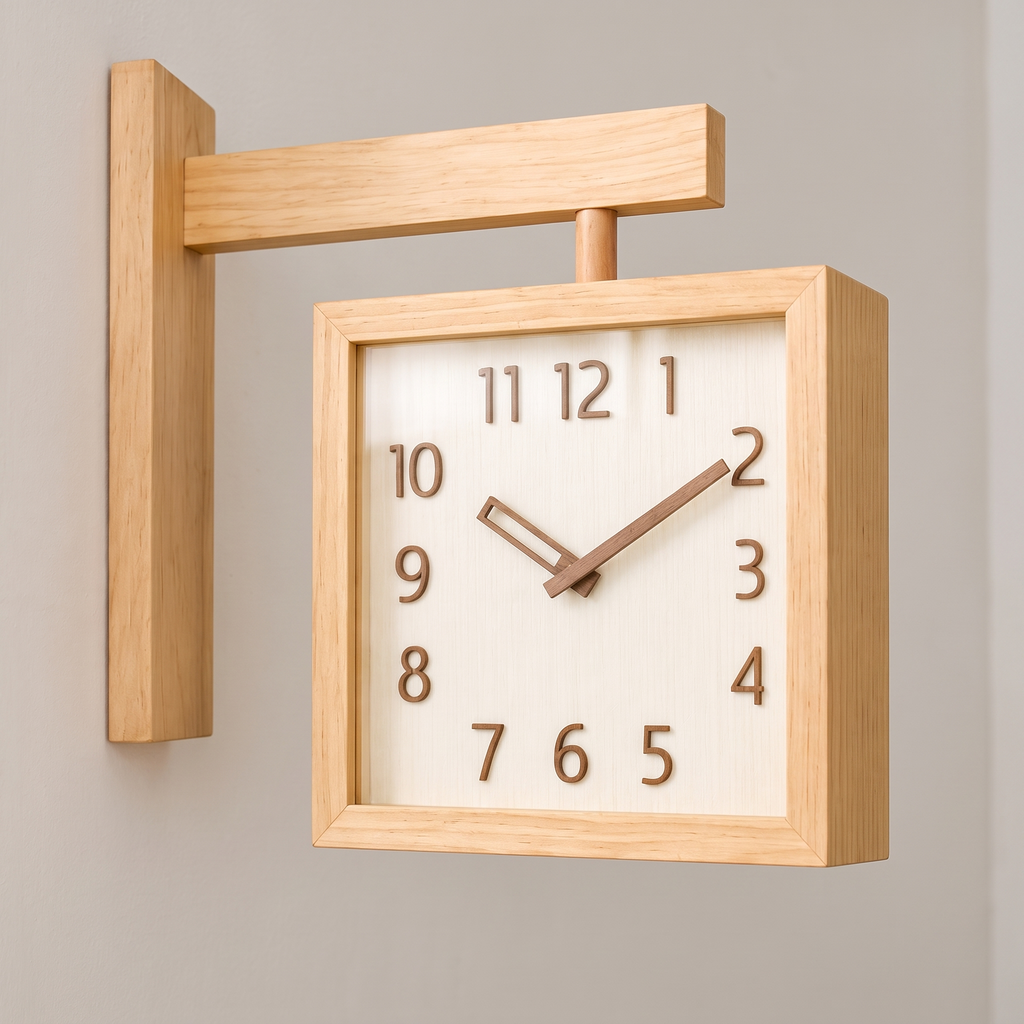Double Sided Wall Clock, Wooden Square Wall Mount Clock - Beige