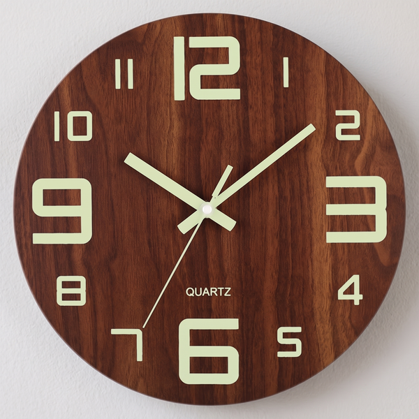 Walnut Finish Wall Clock, Silent, Glow in the Dark Numbers, 12 Inch - Plain