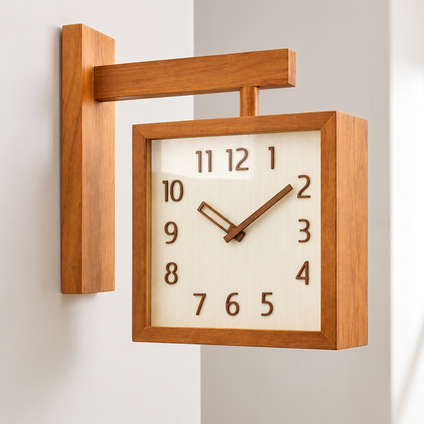 Double Sided Wall Clock, Wooden Square Wall Mount Clock - Brown