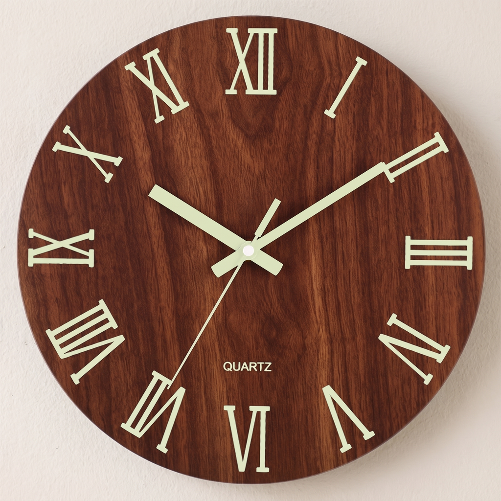 Walnut Finish Wall Clock, Silent, Glow in the Dark Numbers, 12 Inch - Roman Numerals